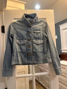 LOFT Light Blue Denim Utility Jacket with High Collar Size XS Like New
